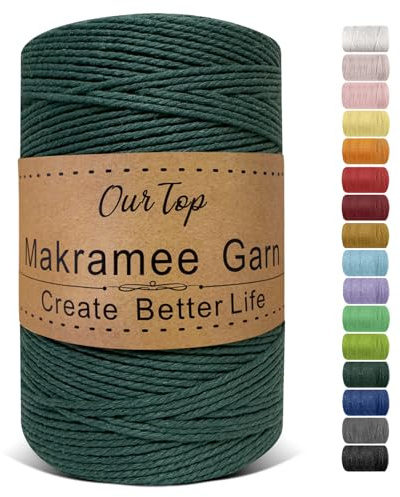 OurTop Premium makramégarn mörkgrönt, 2 mm x 500 m, makramésnöre, garn för gör-det-själv-hantverk, vävning, dekoration, hängande växt växt hängare