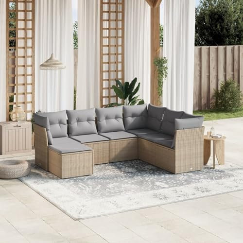Faroom Gartenlounge Outdoor mit Stauraum Ecklounge Klein Garten Lounge Sofa Outdoor Sitzecke Balkon Loungemöbel Gartensofa Ecksofa Balkonmöbel Rattansofa Couch Beige und Grau 7-tlg-Type-318
