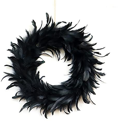 Meiliyizu Kranz aus natürlichen Federn, für Haustür, schwarz, 40 cm, Halloween-Dekoration
