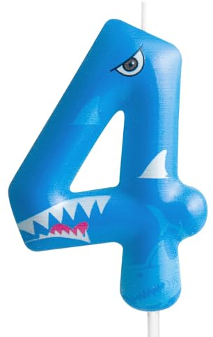 Kerze zum 4. Geburtstag, Motiv: Hai, Zahl 4, Kerze, Hai, Kuchendekoration, Geburtstagsparty, Zubehör, blauer Hai, Ozean, Tiere, Themenkuchenaufsatz, Dekorationen für Kinder, Jungen, Mädchen,