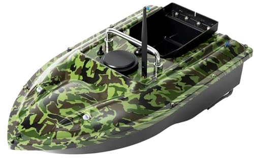 Estabeter Barca per mangimi da pesca, 500 m, 1,5 kg, in ABS con telecomando, a doppio motore, per pesca notturna. Il contenitore per esche misura 5,7 x 4,52 x 2,95 pollici (barca mimetica)