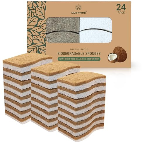 MMG Prime Natural Kitchen Sponge –24-Pack Biodegradable Sponges for Dishes –Compostable Dish Washing Scrubbers – Eco Friendly Non-Scratch Cellulose & Coconut Husk Scrubber Sponges for Cleaning