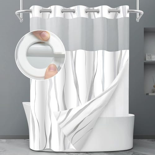 SSCRCUSLY No Hook Shower Curtain with Snap in Liner Set, Grey and White Striped Design, Waterproof Washable Fabric Hotel Shower Curtains for Bathroom Decor with See Through Mesh Top Window 71x74 Inch