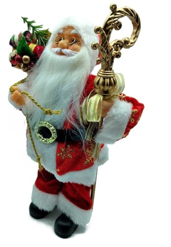Acan Tradineur - Figura de Papa Noel con Bolsa de Regalo y bastón Dorado - Fabricado en Poliéster y Plástico - Artículo Decorativo para Navidad - 30 x 19 x 11 cm