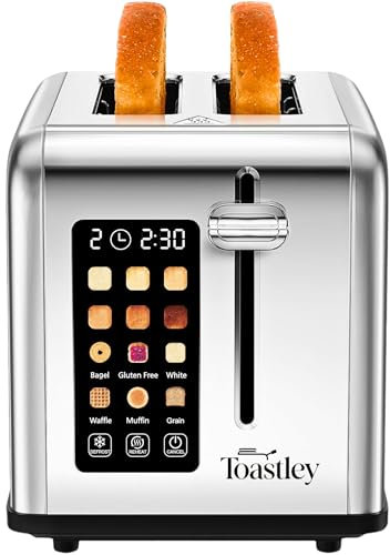 Toastley Smart Toaster 2 Slice with Screen Touch Control. 2 Slice Toaster Wide Slot, Extra Lift, Auto Shutoff, Timer, Toast, Defrost, & Reheat Functions, 880W, Silver