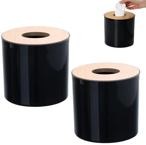 2 Stück Taschentuchbox-Abdeckung, Toilettenpapier-Aufbewahrung mit Deckel,runde Toilettenpapierrollen-Abdeckung, hölzerner Toilettenpapierspender Toilettenpapierrollendispenser für Badezimmer(Schwarz)