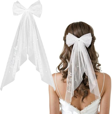 Qusmeiyici Bride to Be Veil, Bridal Hair Bow Veil with Pearl White Bridal Tulle Wedding Hair Accessories for Bachelorette Party Bridal Shower