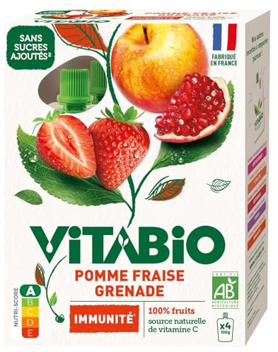VITABIO – Gourdes Immunité Bio aux Saveurs Pomme, Fraise et Grenade, Texture Onctueuse (4x100g) - Le Lot De 3