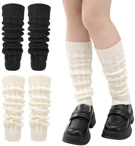 Utensilsto 2 Paar Winter Leg Warmers Stulpen Damen Beinwärmer Beinstulpen Strick Häkelarbeit Legwarmers Verdicken Damen Mode Lange Stiefelmanschette Kniestrümpfe für Ballett Tanz, Schwarz und Weiß