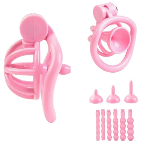 Male Chastity Device – Lockable Cock Cage with 5 Rings for Penis Exercise and Tease, Breathable Resin Material, Adjustable Fit for Men (Pink)
