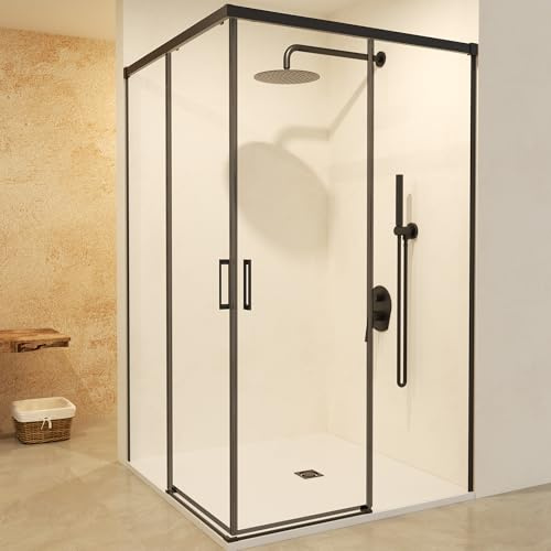 IMEX - Mampara Ducha Negra Dos Puertas 2 Fijas + 2 Correderas 100x115cm | Mampara de Cristal Reversible, Perfilería con Ancho Adaptable y 195cm de Altura | Vidrio con Grosor 6mm y Cierre Magnético