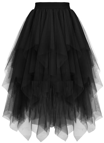 GOOBGS Damen Tüllrock Party Röcke Midi Tutu Rock | Tutu Ballett Rock, Fairy Mehrlagige Unregelmäßige Röcke, Elastische Taille A-Linie Höhe Taille Rock, Karneval Tüll Damen