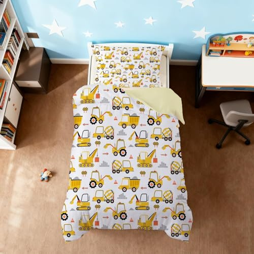 Caregchrisj Kinder Jungen Bettwäsche 135x200, Mikrofaser Traktoren und Bagger Bettwäsche Sets, Bettbezug mit Reißverschluss und Kissenbezug 80x80 (Yellow-Traktor, 135X200CM)