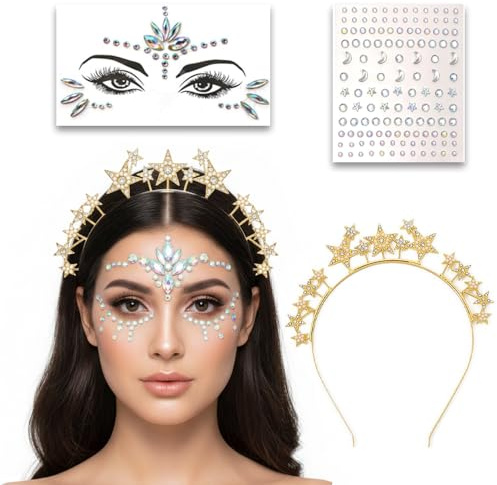 3-teiliges Set: Haarreif Sterne Strass + Face Gems & Glitzersteine – Heiligenschein Kopfschmuck für Damen & Mädchen – Göttin & Engel Kostüm Accessoires für Fasching, Festival, Silvester & Hochzeit (A)