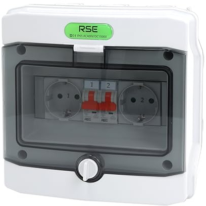 RSE DualPowerBox IP65 – 2× TH35 Schuko Steckdosen, jede mit separatem C16-Leitungsschutzschalter, wetterfest (IP65 bei geschlossenem Fenster), 230V für Außenbereich und Baustelle