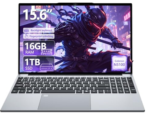 15,6 Pulgadas Ordenador Portáti, Win 11 PC Portátil 16GB RAM 1TB SSD, Laptop Celeron N5100 Gráficos UHD, Computadora Portatil 1920*1080 FHD Pantalla Teclado numérico retroiluminado/Touch ID USB 3.0