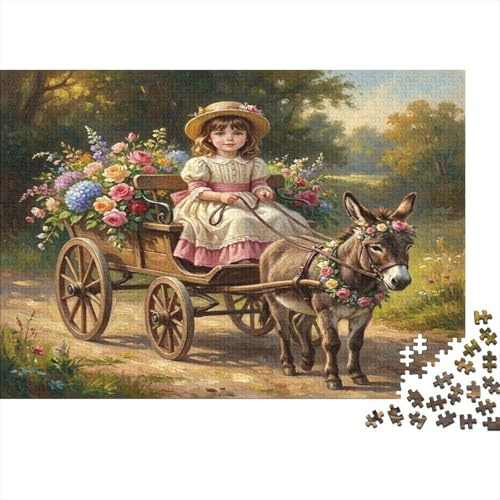 Girl with Donkey Cart Jigsaw Puzzle Puzzle Premium Paper Stress Relief Decorative Girl on Flower Cart with Donkey for Kids Educational Games Unique 52x38cm/1000pcs