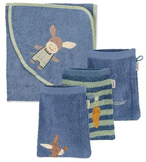 Sterntaler Multipack Frottee Esel Emmilius Set, Kapuzenbadetuch 100x100 cm und 3 Waschlappen, saugfähige Baumwolle, weich & hautfreundlich, mittelblau
