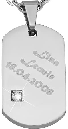 Hanessa Personalisierte Kette mit Gravur Edelstahl 50 cm mit Anhänger Dog Tag mit Strass-Stein in silber - Personalisierte Halskette für Freundin oder Freund - Personalisierter Schmuck Freundschaft