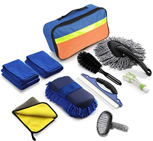 YINGJEE Kit Limpieza Coche 11 Piezas, Set Limpieza Coche, Kit de Herramientas de Lavado de Autos (Paños de Limpieza, Cepillo para Llantas, Cepillo de Limpieza de automóviles, Bolsa de Almacenamiento)