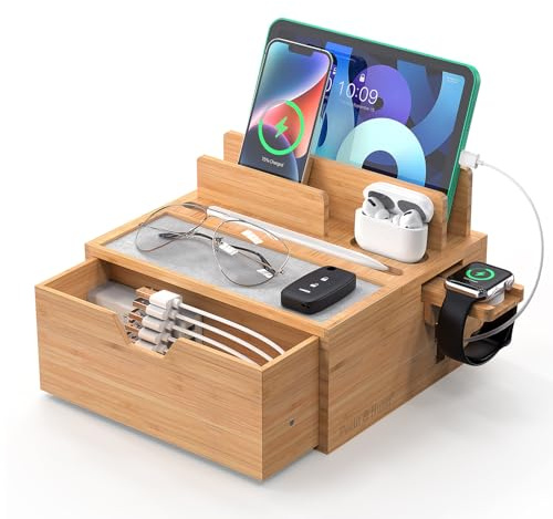 Pezin & Hulin Bamboo Charging Dock Rack, Wooden Charging Station Organizer with Lined Tray & Drawer, Desktop Dock Organizer, Compatible with Tablet, Cell Phone, Earbuds, Smartwatch