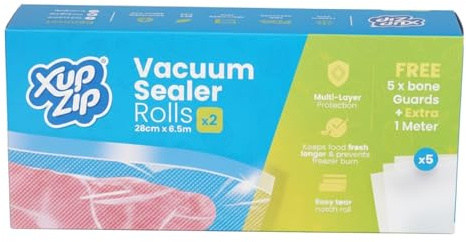 XupZip Heavy-Duty Vacuum Sealer Rolls with 5 Bone Guards & Write-On Panel – 2 Rolls Easy-Tear Food Vacuum Bags for Freezer, Sous Vide & Slow Cooker Use – 28cm x 6.5m