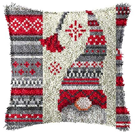 DL-YTG Latch Hook Kits Pillow Christmas Hat Crochet Yarn Cushion Colour Pre-Printed Canvas Rug Needlework DIY Pillowcase Hook and Latch Kit Home Arts Crafts Sofa Decoration 42x42cm/16X16inch