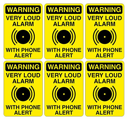 Pack of 6 WARNING VERY LOUD ALARM WITH PHONE ALERT signs. Deter intruders with these signs. 70mm x 100mm. Ideal for sheds, garages, homes, work premises. (Self Adhesive Stickers)