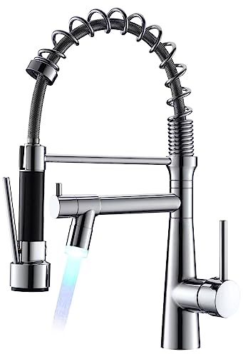 Timaco Grifo de cocina led cromado con muelle en espiral, giratorio en 360 °, grifos para fregadero con dos caños, grifo para cocina y ducha extensible, alta presión