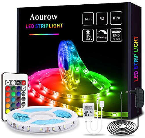 Aourow Striscia LED,Kit di Strisce LED 5m RGB con Telecomando IR a 24 Tasti e Alimentatore 12V,TV Retroilluminazione Luci Nastro 5050 Multicolore con Adesivo per Decorazione DIY