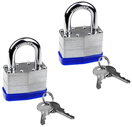 2 Pack Laminated Padlock with Keys,30mm Heavy Duty Key Pad Lock Outdoor Weatherproof Lock Short Shackle Padlock Laminated Steel Key Padlock for Garden Shed Garage Fence Storage Unit Blue White
