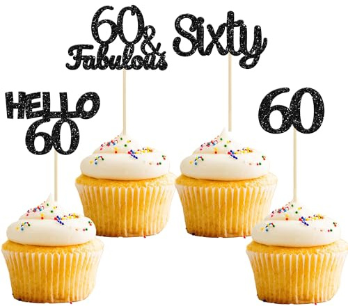 Gyufise 24Pcs Black Glitter 60th Birthday Cupcake Toppers Hello 60 Sixty Cake Toppers 60 & fabulous Cupcake Picks 60th Birthday Cake Decorations Supplies