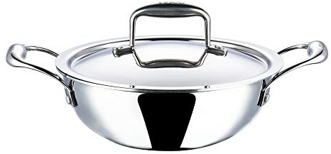 Vinod Platinum Kadai Triply Stainless Steel | Suitable for Indian Cooking, Sauces, Stews, Soups | Deep/Extra Deep Kadai with Lid | Induction, Electric Friendly (Extra Deep Kadai, 18cm)