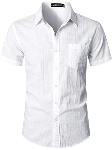 PARKLEES Men's Fitted Cotton Linen Casual Short Sleeve Button Up Shirts Lightweight Beach Tops with Pocket EU-PZLSC34-White Medium