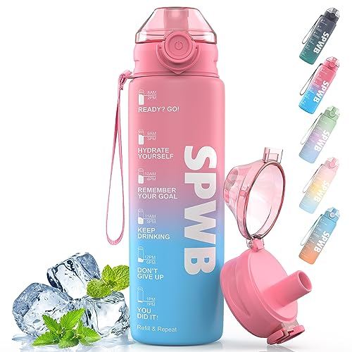 SPWB Trinkflasche,1L Sportflasche Auslaufsicher, BPA-frei Tritan Wasserflasche mit Filter und Zeitmarkierung, Kohlensäure Geeignet für Fahrrad, Fitness, Wandern, Camping und Schule