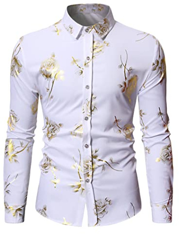 Générique JIER Hommes Chemises Imprimées Or Manches Longues Roses Floral Brillant Satin Robe Chemise Décontracté Fantaisie Mode Motif Fête De Bal Chemises Grande Taille Européenne