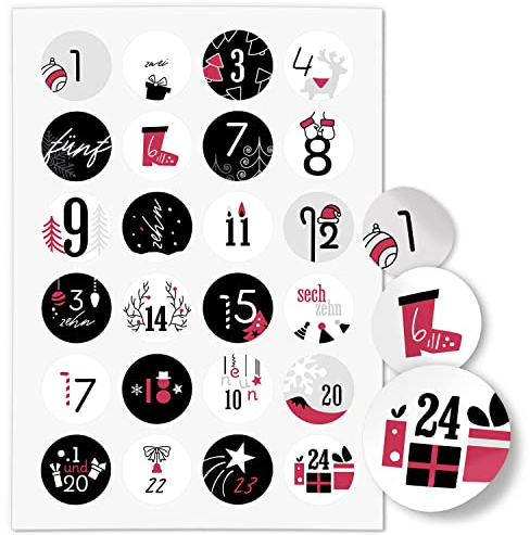 Adventskalender-Zahlen Aufkleber 1 bis 24 / Moderner Kreativ Mix Schwarz Rot/Etiketten/Sticker/Weihnachtskalender/Advent/Rund/DIY/zum Aufkleben