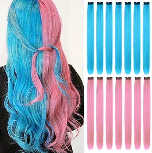 16pcs Extensions a Clip Cheveux Couleur, Mèches Cheveux Colorées Postiches Raides et Longues Synthétiques Résistants à La Chaleur Fête Accessoires Cheveux Fille (22Inch) (Rose + bleu ciel)