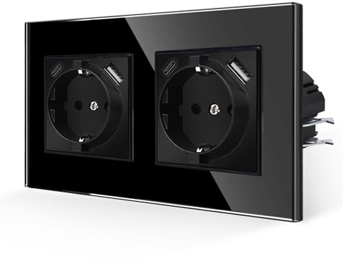 JIMEIDA Doppelsteckdose mit USB-A&C, Glas schwarz, 16A, 157x86mm | Steckdose, 2x USB (A+C) 2,1A, 16A, Glas Panel, Kindersicherung, Feuerfest, Unterputz, 157x86mm, schwarz