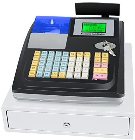 Oiyekntd Elektronische Registrierkasse mit 48 Tasten -Tastatur- und Geldschubladen und Thermiedrucker, Multifunktionale Registrierkasse für kleine Unternehmen, 8 Digitale LED -Kundenanzeige,Black
