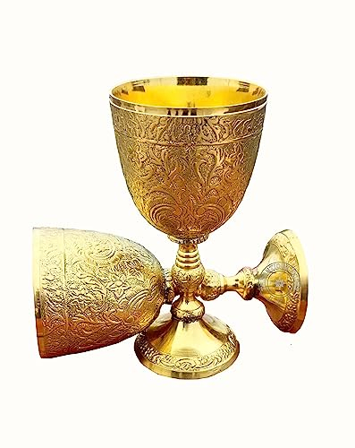 THE ANTIQUE HOUSE Juego de 2 copas de latón de cristal de cáliz vintage hechas a mano King 's Royal Fantasy en relieve, copa de cristal para boda y gótico, 7 onzas, 6 pulgadas