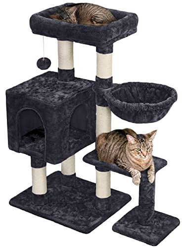 Yaheetech Kratzbaum 96 cm hoch Katzenbaum Kletterbaum für Katzen, mit Sisal Plüsch Katzenhöhle und Korb Schwarz