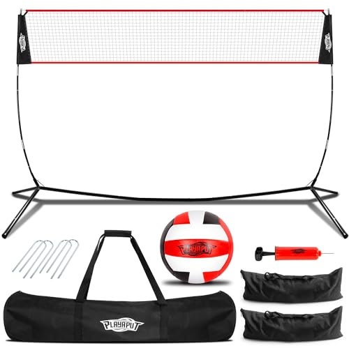 PLAYAPUT Rete da pallavolo autoportante da 6,1 m, per interni ed esterni, rete da pallavolo regolabile in altezza con sacchi di sabbia, paletti, pallavolo e borsa per il trasporto, rete portatile per