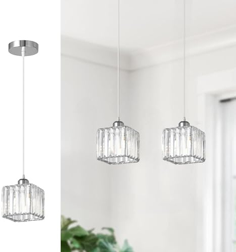 LEDSone Modern Crystal Chandeliers Pendant Light 13X14 cm Glass Shade Ceiling Lamp with 95 cm Adjustable Cable Lighting Fixture Ideal for Dinning Room Bedroom Hallway Bar (Chrome(Without Bulb))