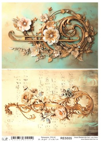 Josys Bastelmärchen Reispapier A4 Strohseide Decoupage Notenschlüssel Noten Vintage Gold RE5555