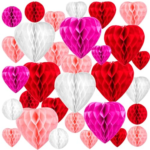 Skyygemm 48 Pcs Valentine Honeycomb Balls Tissue Paper Flower Balls Heart Shaped Rose Red White Pink Red Pom Poms Honeycomb Heart Decoration for Wedding Engagement Bridal Shower Party Supplies