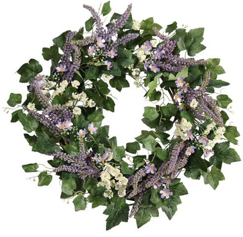 Pudate 22IN Spring Summer Wreath withGrape Leaves, Lavender. Seasonal Greenery Decor for Front Door, Wall, and Year-Round Celebrations.
