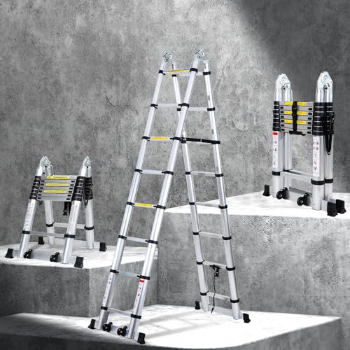 Yakimz Scala Telescopica da 5 m - Pieghevole Con Puleggia di Inversione Rimovibile, Telaio ad A in Alluminio, Antiscivolo Allungabile, Multiuso, Fino a 150 kg - Argento