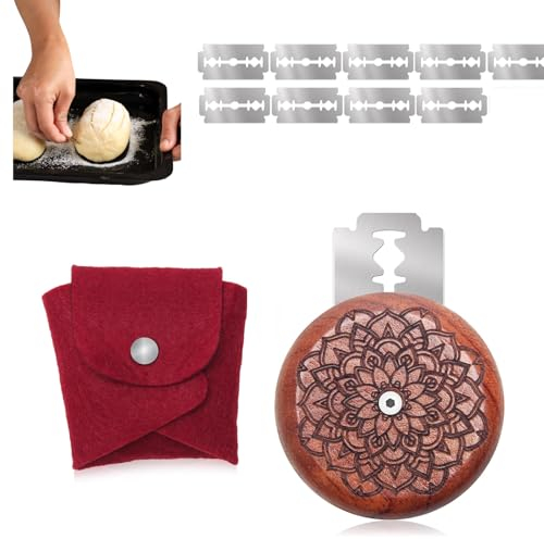 genkigold 1+10 Stk. Sauerteigbrot Schneideset: Hochwertiger Holzlame-Schneider mit 10 Rasierklingen und Aufbewahrungshülle - Perfektes Einschneiden für Handwerkliche Brote, Blumen Fantasiarst