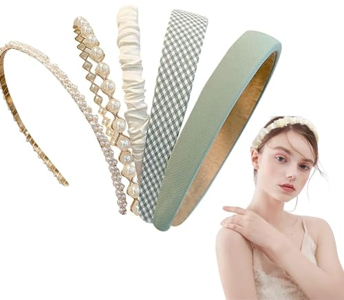 Aikeis Modische Haarbänder, 5 Stück, Perlen- und Blumen-Stirnbänder, breite Retro-Stirnband, dick, für Damen (grüne Serie)